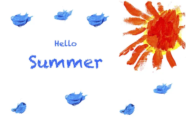 Hello Summer Greeting Card Children Picture Sun Clouds White Background — Stock Photo, Image