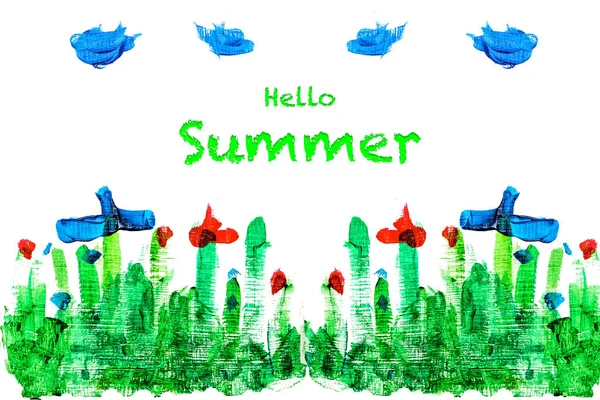 Yaz tebrik kartı Merhaba. Çocuk resmi. Bulutlar, beyaz zemin üzerine çiçekli glade.