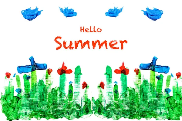 Yaz tebrik kartı Merhaba. Çocuk resmi. Bulutlar, beyaz zemin üzerine çiçekli glade.