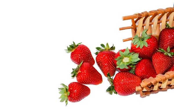 Bir sepet beyaz zemin üzerine saçılan Olgun kırmızı çilek