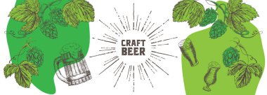 Yaratıcı bira ile kupa, şişe, cam, Icons set kapak, buğday, hop, dokunma, kanser, açacağı ve varil. Vektör çizim. Bira Festivali, bira, bar veya pub için kullanılan bira grafik nesneleri.