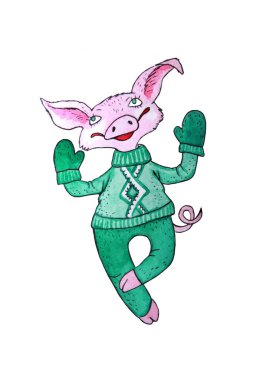 Pembe komik yılbaşı domuz yeşil kazaklı