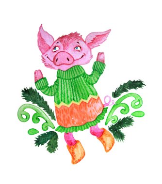 Komik pembe domuz bir yeşil etek ve keçe çizmeler