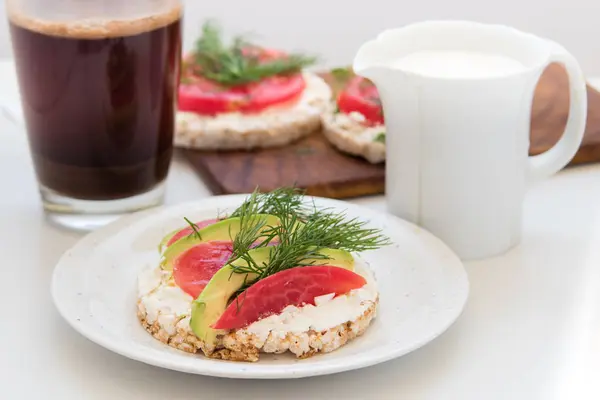 Crisp Breads Cheese Tomatoes Avocado Coffee — Stock Photo, Image