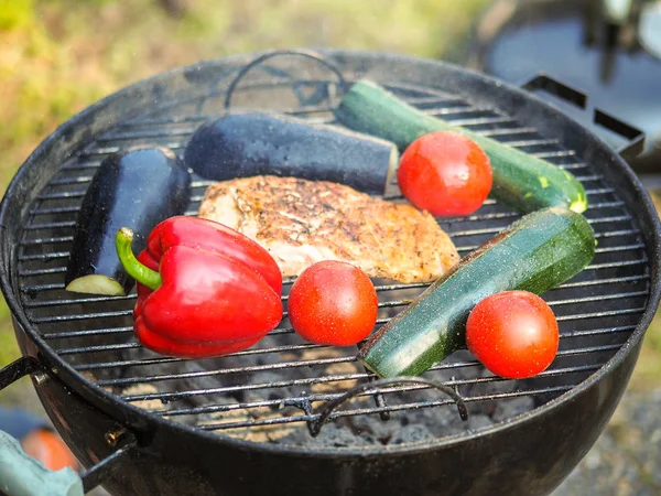 Ekologisk grillad grönsak med paprika, champinjoner, zucchini och lök — Stockfoto