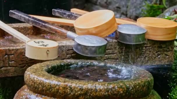 Japon tarzı geleneksel bambu çeşmesi ve el yıkama için taş leğeni. — Stok video