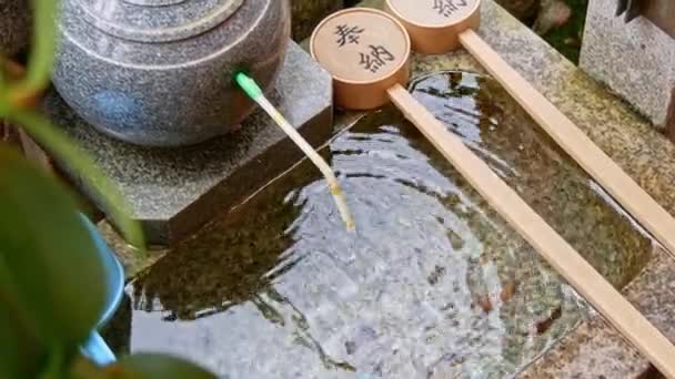 Fontana di bambù tradizionale in stile giapponese e lavabo in pietra per lavarsi le mani — Video Stock