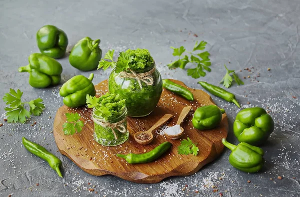 Sos Chili Verde Picant Casă Într Borcan Sticlă Ingrediente Ardei — Fotografie, imagine de stoc