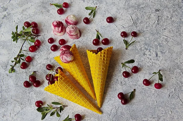 Domowe Lody Wiśniowe Twarożkiem Kolorowym Stożkowym Waflu Zdrowy Deser Świeża — Zdjęcie stockowe