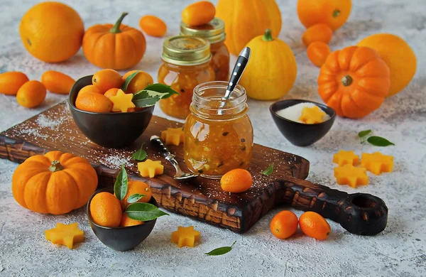 Jam Pumpkin Butternut Squash Oranges Passion Fruit Glass Jar Ingredients — Stock Photo, Image