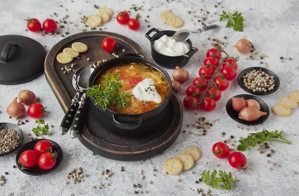 Supă Tradițională Rusească Varză Supă Casă Shchi Varză Roșii Într — Fotografie, imagine de stoc