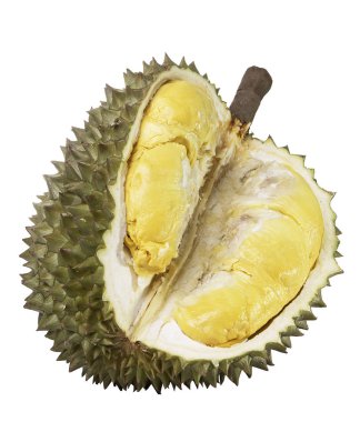 Durians sarı eti görmek için kesti. Beyaz Blackg