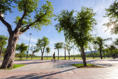 Genç bir adam sabah parkta koşuyor..