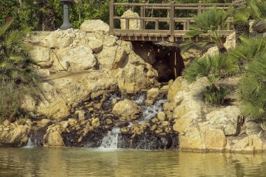 Yatay görünümünde küçük bir cascade ve El palmeral Park ahşap köprü güneşli bir günde alicante, İspanya