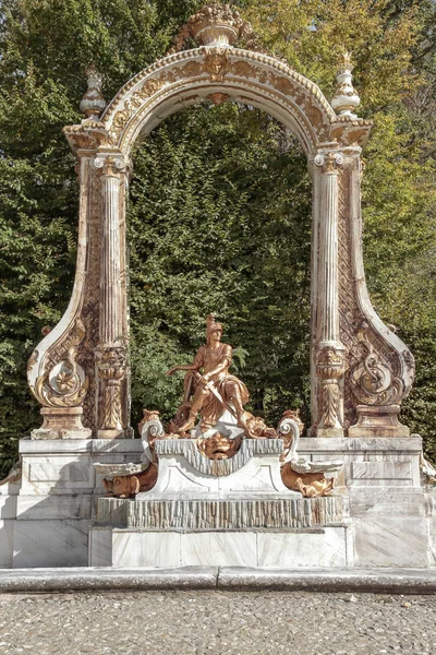 horizontal view of fountain dedicated to mars god of war in royal palace gardens of la granja de san ildefonso, segovia, spain