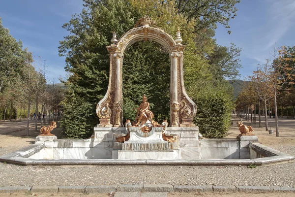 horizontal view of fountain dedicated to mars god of war in royal palace gardens of la granja de san ildefonso, segovia, spain