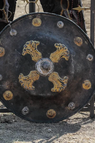 Foreground Medieval Shield Recreation Medieval Military Camp — Stock Photo, Image