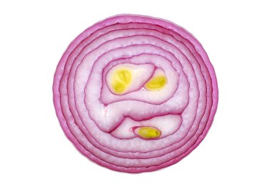 Mor Soğan dilim beyaz bir arka planda üstten görünüm.