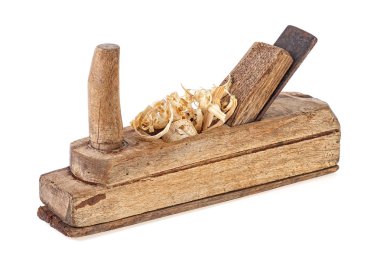 Eski ahşap jointer ve beyaz zemin üzerine ahşap tıraş