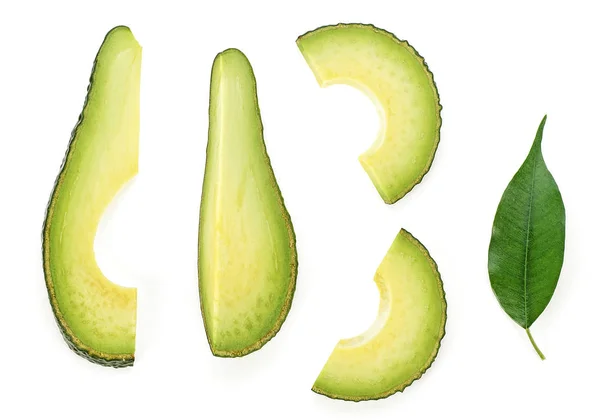 Avocadoscheiben Mit Blatt Auf Weißem Hintergrund Ernährungskonzept — Stockfoto