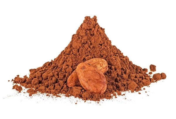 Cumulo Cacao Polvere Con Fagioli Cacao Sfondo Bianco — Foto Stock