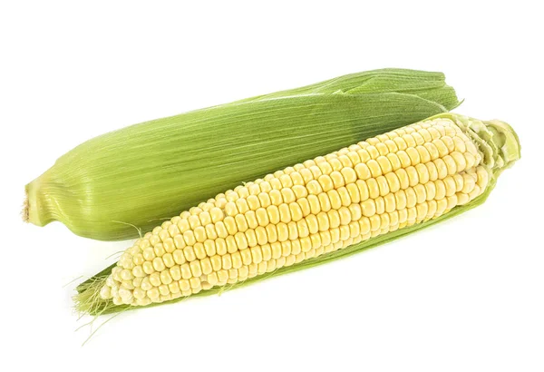 Сладкая Кукуруза Скорлупой Белом Фоне Кукурузные Хлопья — стоковое фото
