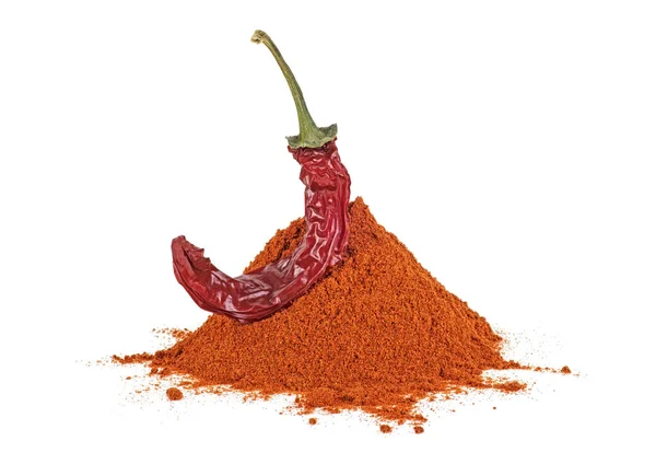 Montón Polvo Chile Rojo Con Vaina Pimienta Entera Aislada Sobre — Foto de Stock