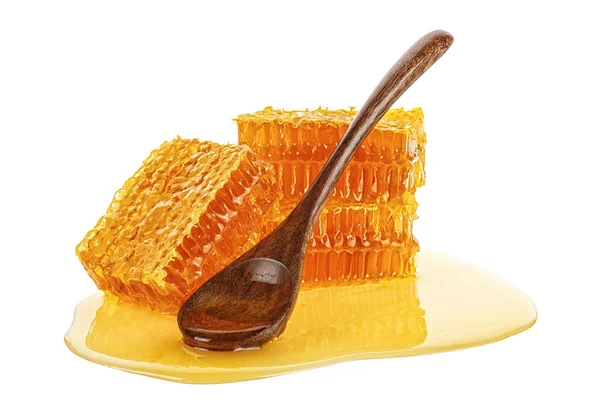 Honungskaka Med Honung Sked Isolerad Vit Bakgrund Ekologisk Mat — Stockfoto