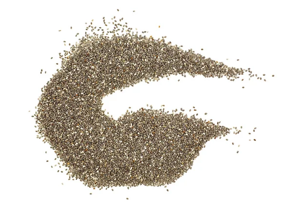Beyaz bir arka plan üzerinde izole sağlıklı chia tohum yığını. Üstten Görünüm.