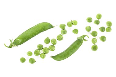 Beyaz arka plan üzerinde izole taze bezelye. Üstten görünüm.