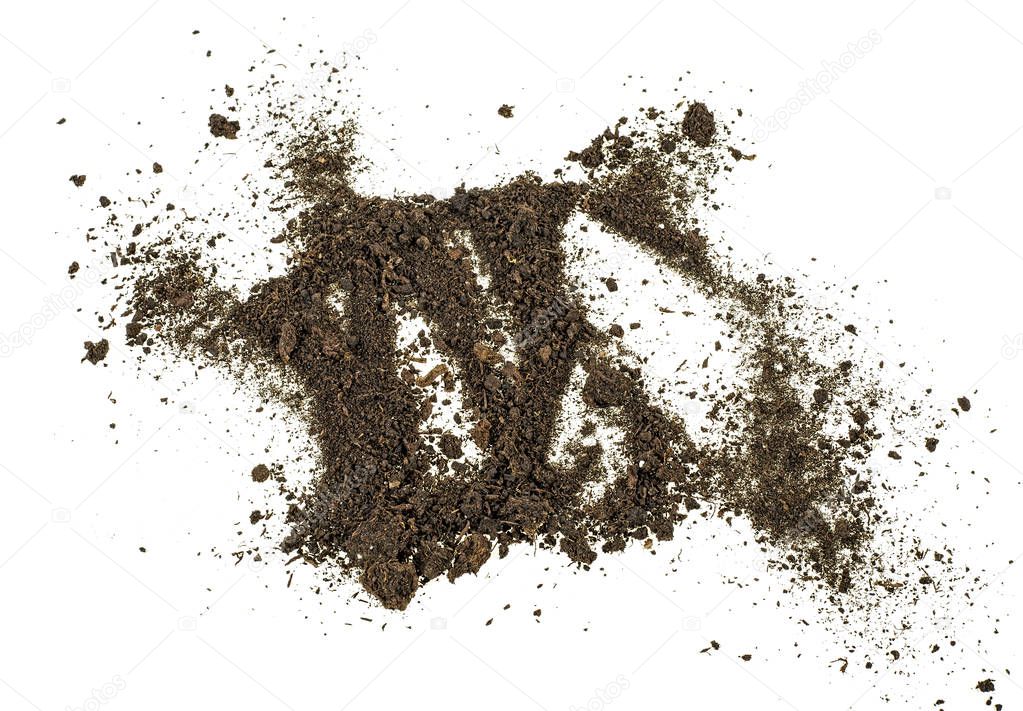 Dirt, soil pile isolated on white background. Top view.
