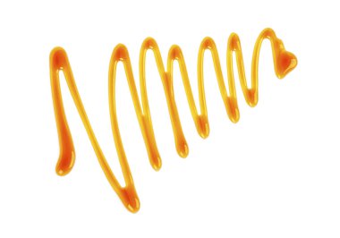 Beyaz arka plan üzerinde izole tatlı karamel sos. Üstten görünüm.