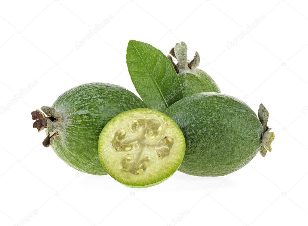 Tropical fruit feijoa with leaves on a white background. Acca sellowiana.