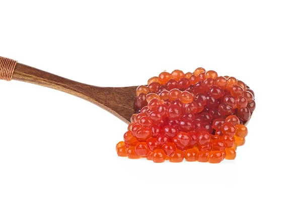 Caviar Rojo Una Cuchara Madera Sobre Fondo Blanco —  Fotos de Stock