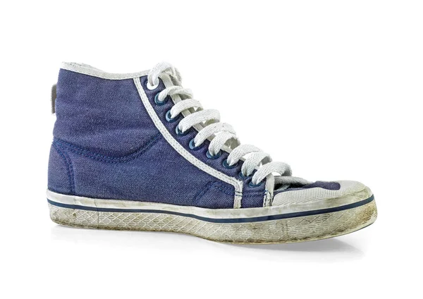 Sneakers Tela Blu Vecchia Sporca Sfondo Bianco — Foto Stock