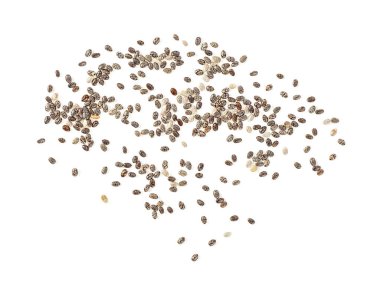 Closeup makro küçük organik chia tohum beyaz bir arka planda Üstten Görünüm.