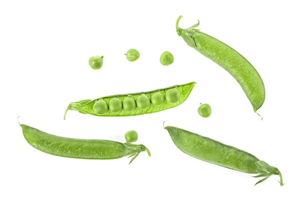 白い背景の新鮮な緑エンドウ豆ポッド エンドウ豆の上から見る — ストック写真