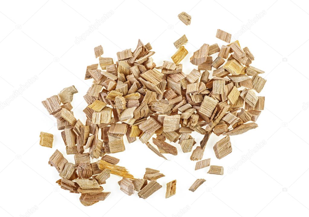 Pile of wood smoking chips isolated on white background, top view.