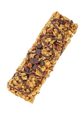 Granola bar tahıllar ve beyaz arka plan üzerinde izole çikolata ile
