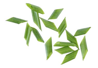 Doğranmış taze soğan veya beyaz arka plan üzerinde üstten görünüm izole yeşil soğan.