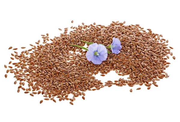 Semillas Secas Lino Con Flores Sobre Fondo Blanco Comida Saludable — Foto de Stock