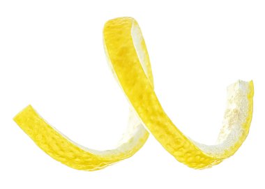 Beyaz arka plan üzerinde olgunlaşmış taze limon kabuğu. Limon twist.