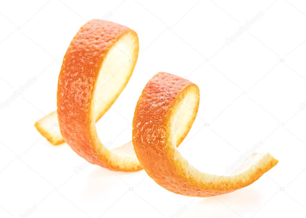 Single orange peel on a white background. Vitamin C, beauty heal