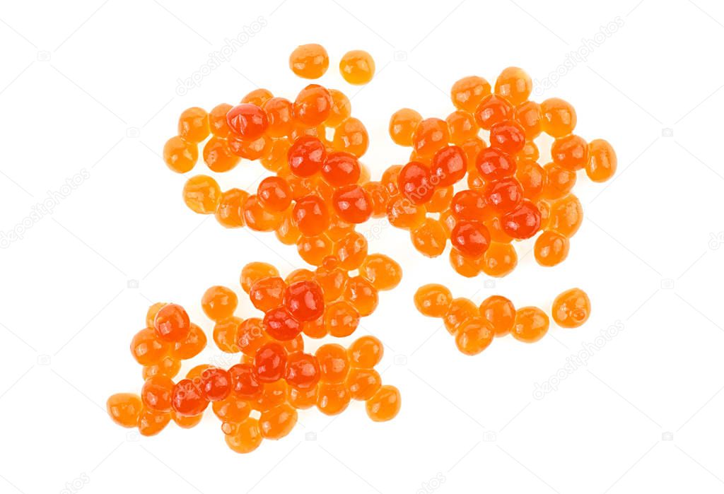 Red salmon caviar heap isolated on white background, top view.