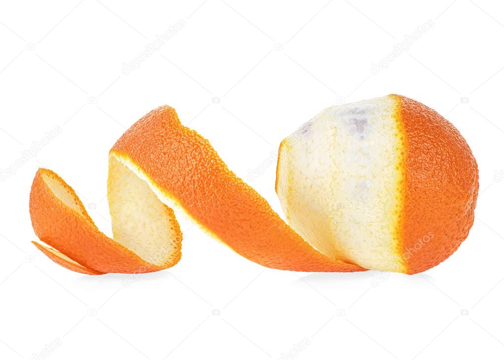 Orange citrus fruit and orange peel against white background. Pe