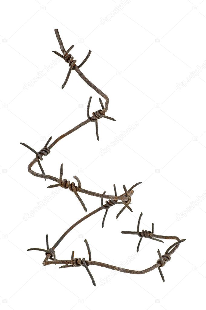 Rusty barbed wire on white background