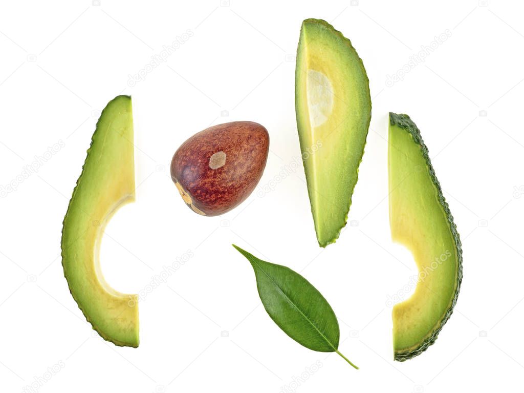 Healthy food. Sliced avocado isolated on a white background, top