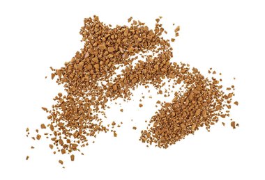 Beyaz arka planda izole edilmiş hazır kahve tozu, üst görünüm.