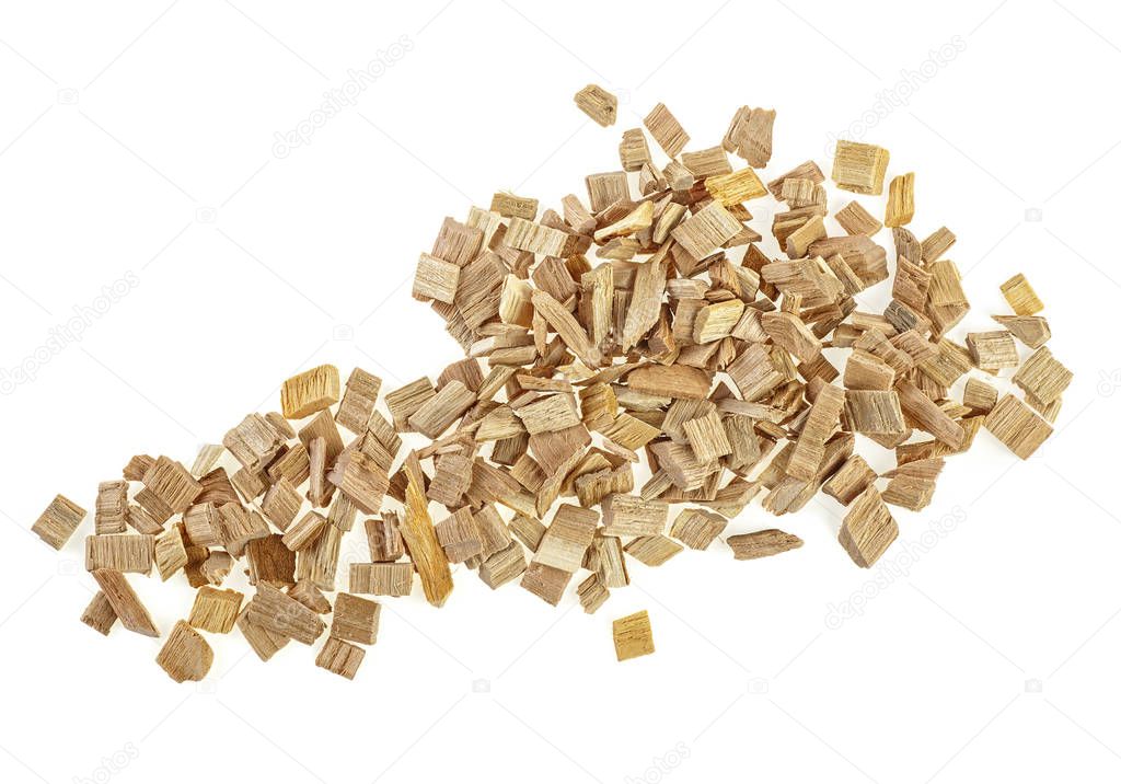 Pile of wood smoking chips isolated on white background, top vie