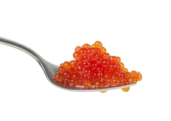 Caviar rojo sobre tenedor metálico aislado sobre fondo blanco — Foto de Stock